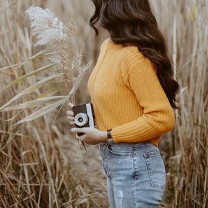 Preview wallpaper girl, camera, field, reed, style