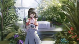 Preview wallpaper girl, camera, garden, greenhouse, anime, art