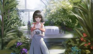 Preview wallpaper girl, camera, garden, greenhouse, anime, art