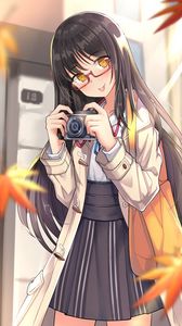 Preview wallpaper girl, camera, leaves, autumn, anime