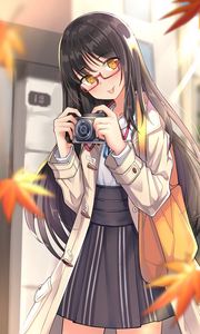 Preview wallpaper girl, camera, leaves, autumn, anime