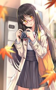 Preview wallpaper girl, camera, leaves, autumn, anime