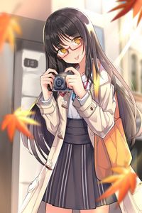 Preview wallpaper girl, camera, leaves, autumn, anime