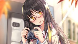 Preview wallpaper girl, camera, leaves, autumn, anime