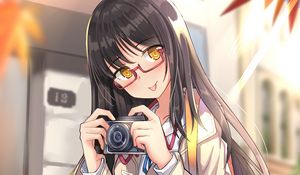 Preview wallpaper girl, camera, leaves, autumn, anime
