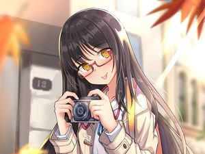 Preview wallpaper girl, camera, leaves, autumn, anime