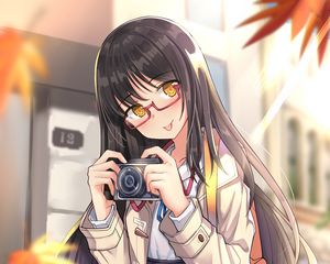Preview wallpaper girl, camera, leaves, autumn, anime