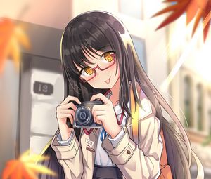 Preview wallpaper girl, camera, leaves, autumn, anime