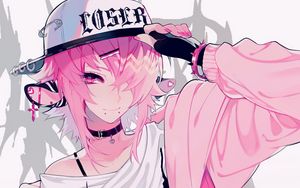 Preview wallpaper girl, cap, anime, pink, style