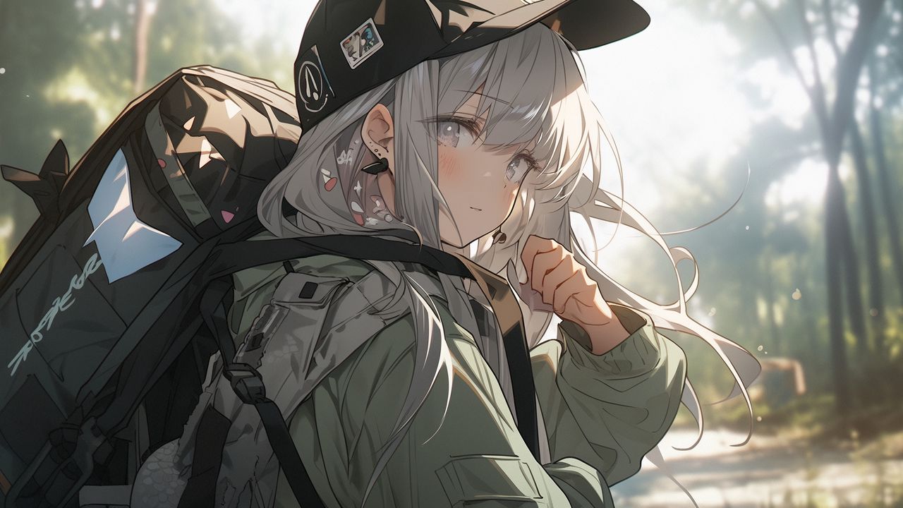 Wallpaper girl, cap, backpack, anime