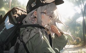 Preview wallpaper girl, cap, backpack, anime
