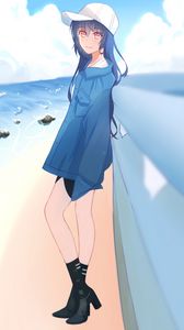Preview wallpaper girl, cap, beach, anime