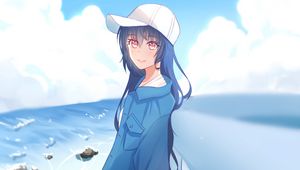 Preview wallpaper girl, cap, beach, anime