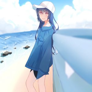 Preview wallpaper girl, cap, beach, anime