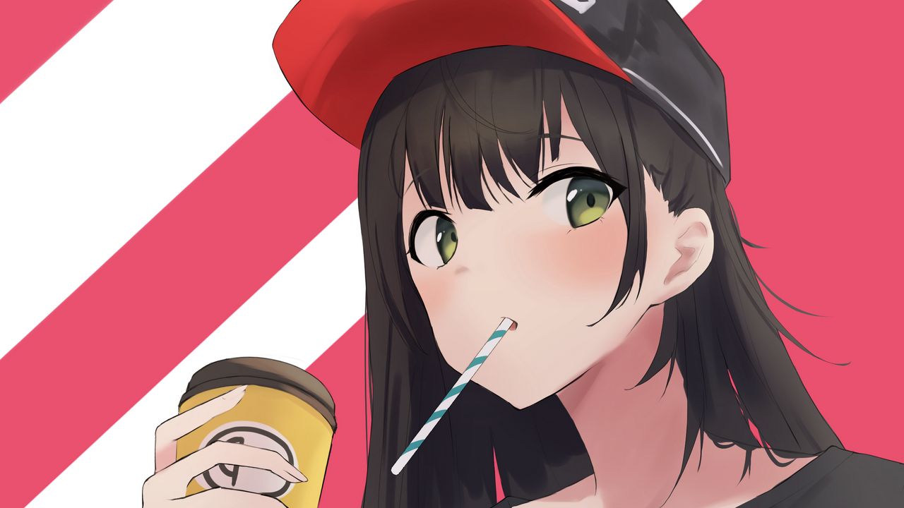 Wallpaper girl, cap, cup, anime, art