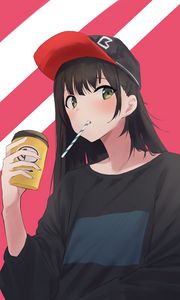 Preview wallpaper girl, cap, cup, anime, art