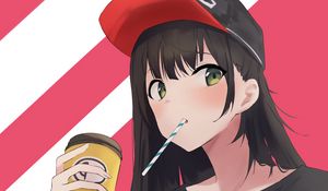 Preview wallpaper girl, cap, cup, anime, art