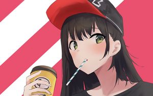 Preview wallpaper girl, cap, cup, anime, art