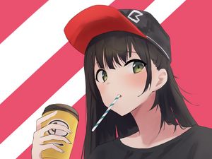 Preview wallpaper girl, cap, cup, anime, art