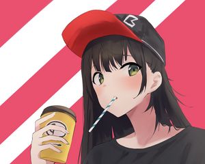 Preview wallpaper girl, cap, cup, anime, art