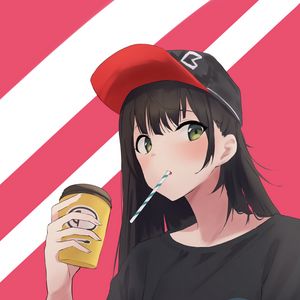 Preview wallpaper girl, cap, cup, anime, art