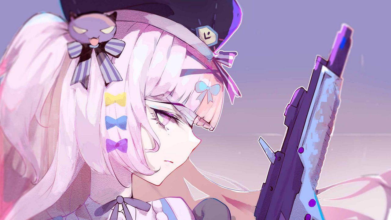 Wallpaper girl, cap, glance, weapon, anime