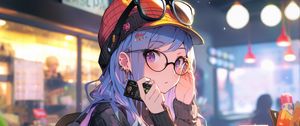 Preview wallpaper girl, cap, glasses, cafe, anime, art