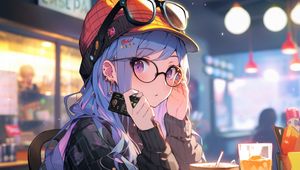 Preview wallpaper girl, cap, glasses, cafe, anime, art