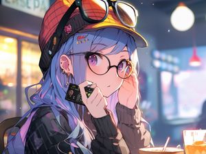 Preview wallpaper girl, cap, glasses, cafe, anime, art