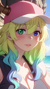 Preview wallpaper girl, cap, heterochromia, anime, sea, art