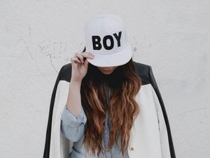 Preview wallpaper girl, cap, inscription, hipster, style