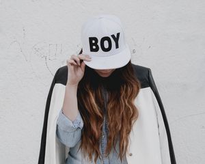 Preview wallpaper girl, cap, inscription, hipster, style