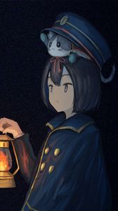 Preview wallpaper girl, cap, kitten, lantern, anime