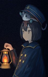 Preview wallpaper girl, cap, kitten, lantern, anime