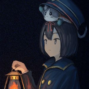 Preview wallpaper girl, cap, kitten, lantern, anime
