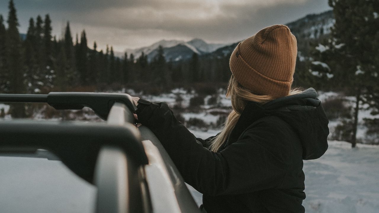 Wallpaper girl, car, view, mountains, landscape