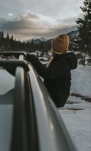 Preview wallpaper girl, car, view, mountains, landscape