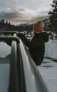 Preview wallpaper girl, car, view, mountains, landscape