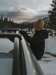 Preview wallpaper girl, car, view, mountains, landscape