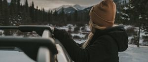 Preview wallpaper girl, car, view, mountains, landscape