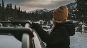 Preview wallpaper girl, car, view, mountains, landscape