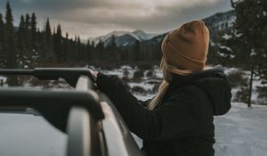 Preview wallpaper girl, car, view, mountains, landscape