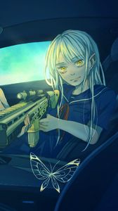 Preview wallpaper girl, car, weapon, butterfly, anime