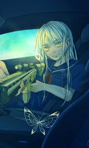 Preview wallpaper girl, car, weapon, butterfly, anime