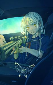 Preview wallpaper girl, car, weapon, butterfly, anime