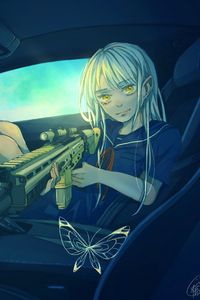 Preview wallpaper girl, car, weapon, butterfly, anime