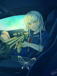 Preview wallpaper girl, car, weapon, butterfly, anime