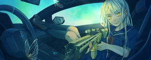 Preview wallpaper girl, car, weapon, butterfly, anime