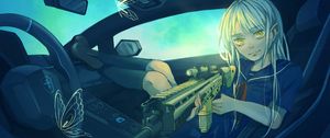 Preview wallpaper girl, car, weapon, butterfly, anime