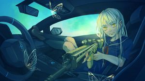 Preview wallpaper girl, car, weapon, butterfly, anime